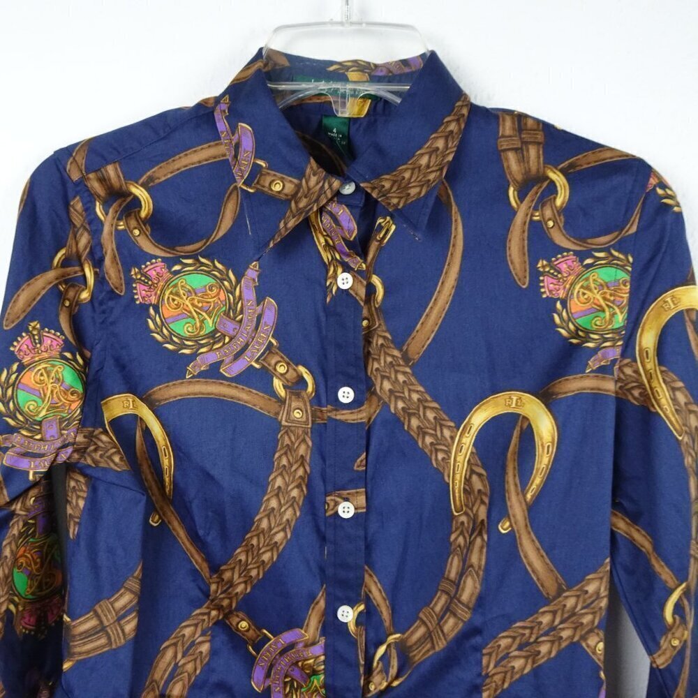 Ralph Lauren Equestrian Shirt Women's Size 4 Blue Peplum Button Front Horses - Picture 2 of 6